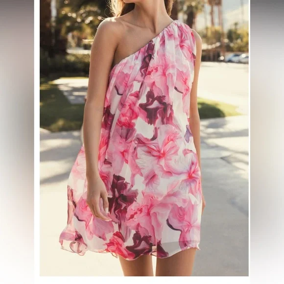 MAC DUGGAL SZ 2 Floral Pink One-Shoulder Dress 55875 nwt formal cocktail evening - Picture 2 of 4